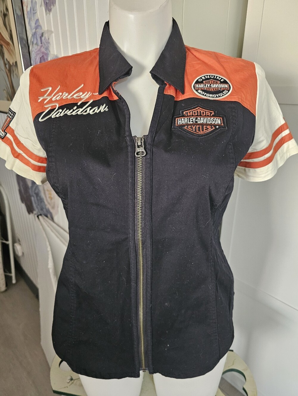 Harley Davidson Womens Shirt L New NWOT Zip Front Colorblock Orange Black Mechan
